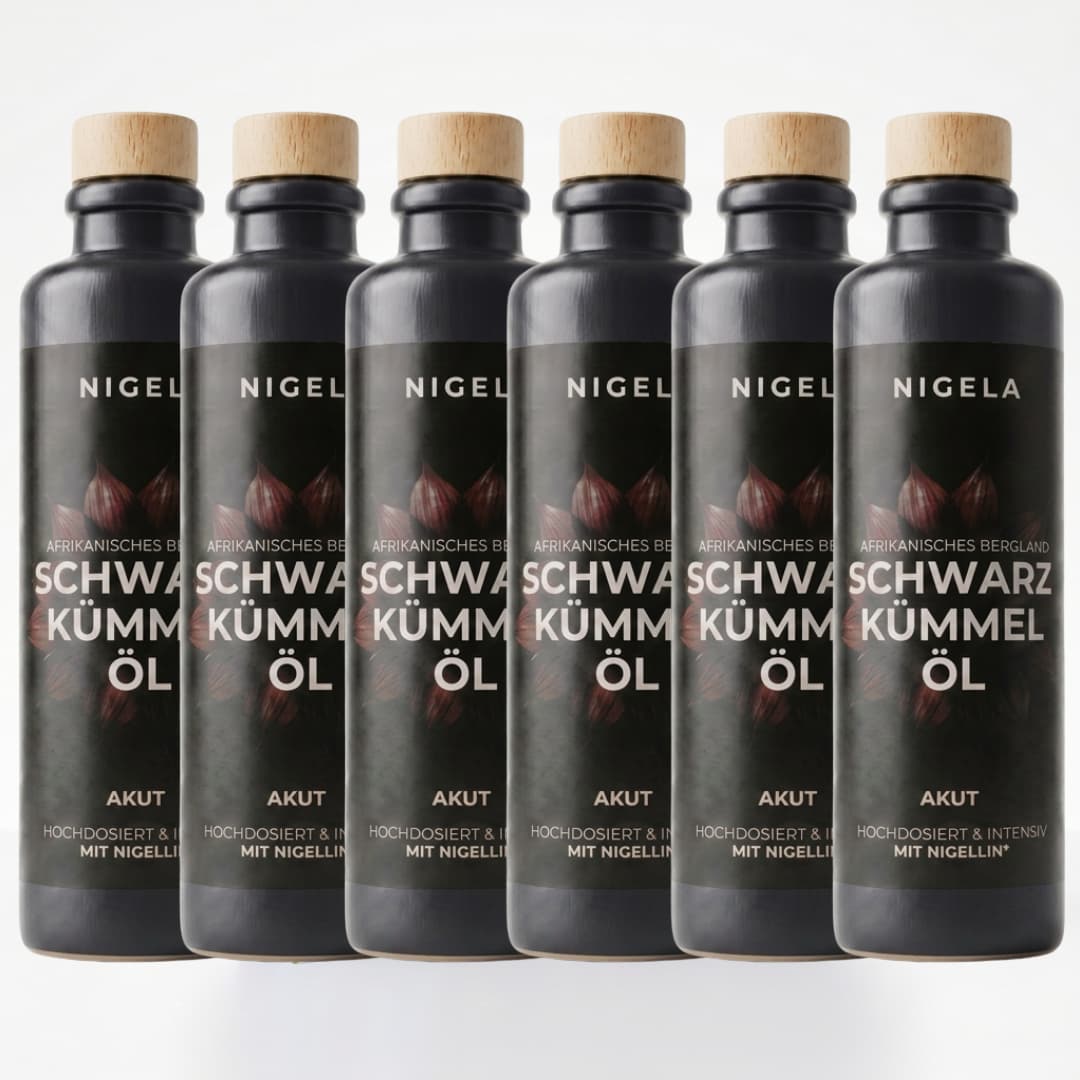 Nigela Schwarzkümmelöl Akut 200 ml im 6er-Set – Vorratspaket des hochdosierten Schwarzkümmelöls aus bayerischer Manufaktur
#Menge_6 Flaschen