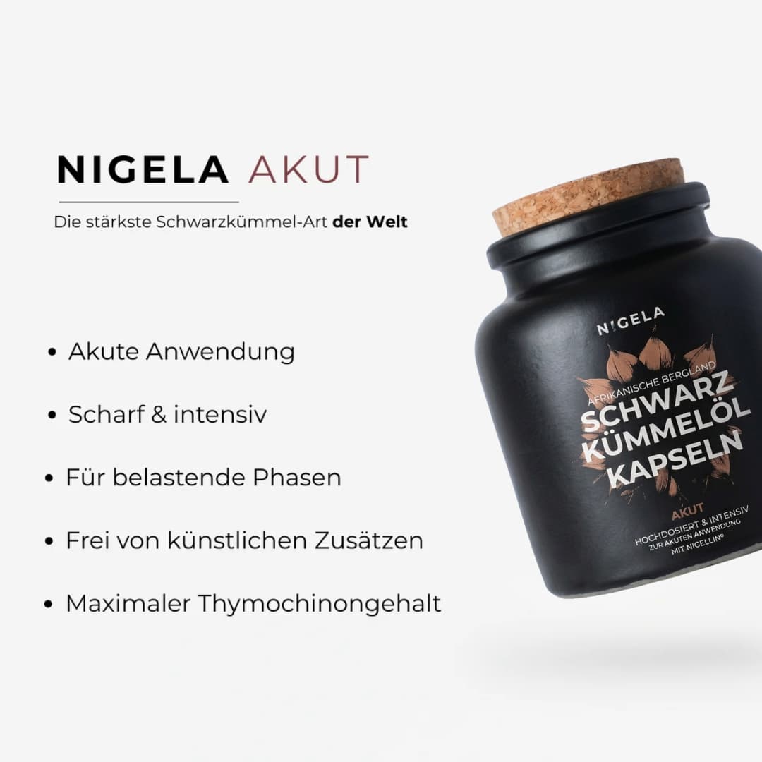 Nigela Akut Schwarzkümmelöl Kapseln mit Nigellin®️ – schwarze matte Dose mit Korkverschluss, Nigella sativa Blüte und Lavagestein
