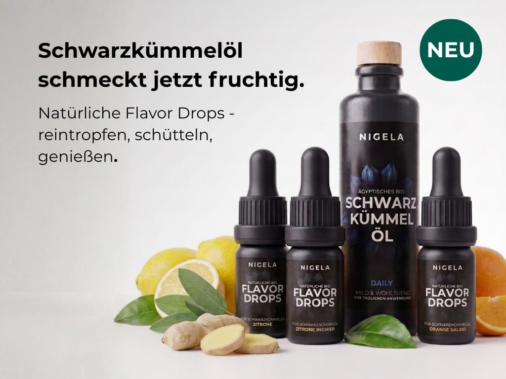 Die Nigela Flavor Drops in verschiedenen Geschmacksrichtungen zum Verfeinern von Schwarzkümmelöl