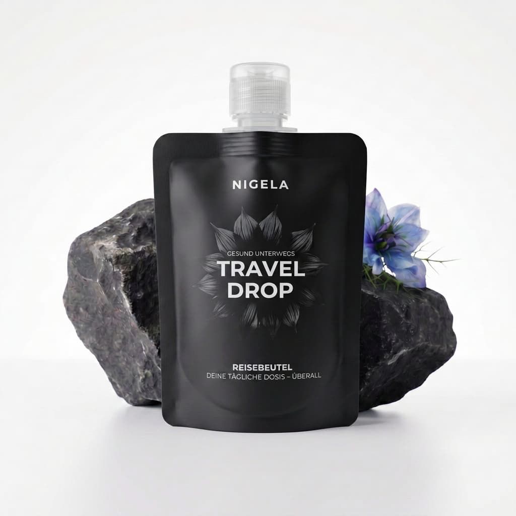 Nigela Travel Drop – lichtgeschützter Reisebeutel für Schwarzkümmelöl, bis 50 ml, auslaufsicher