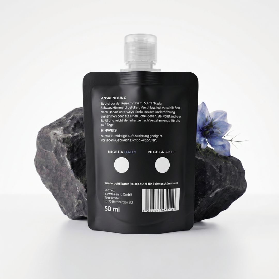 Nigela Travel Drop Rückseite – Anwendung, Hinweis, NIGELA DAILY und AKUT, 50ml wiederbefüllbarer Reisebeutel für Schwarzkümmelöl