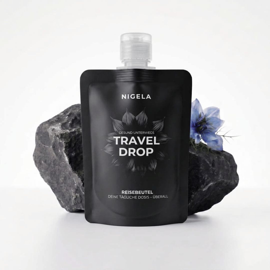 Nigela Travel Drop – Schwarzkümmelöl Reisebeutel 50ml, wiederbefüllbar und handgepäcktauglich