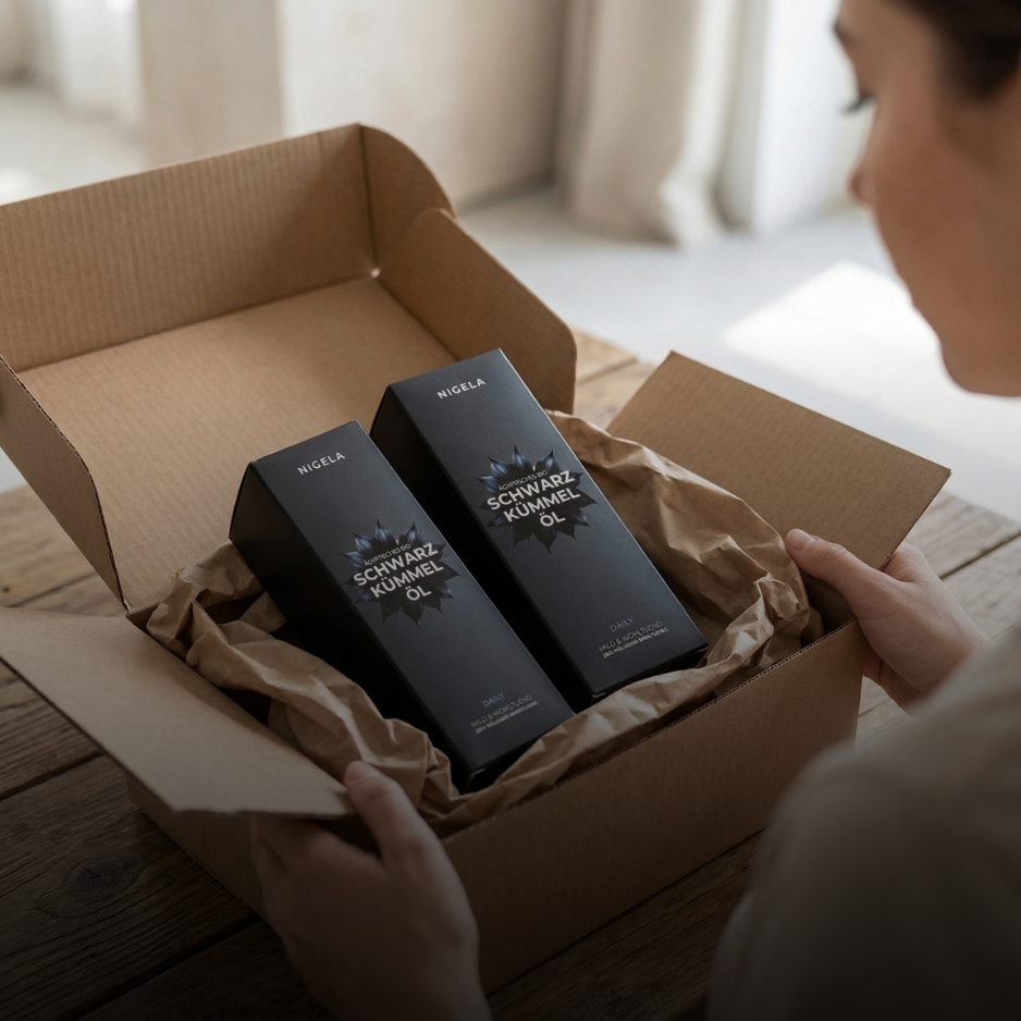 Nigela Schwarzkümmelöl Lieferung in Verpackung Karton Auspacken
