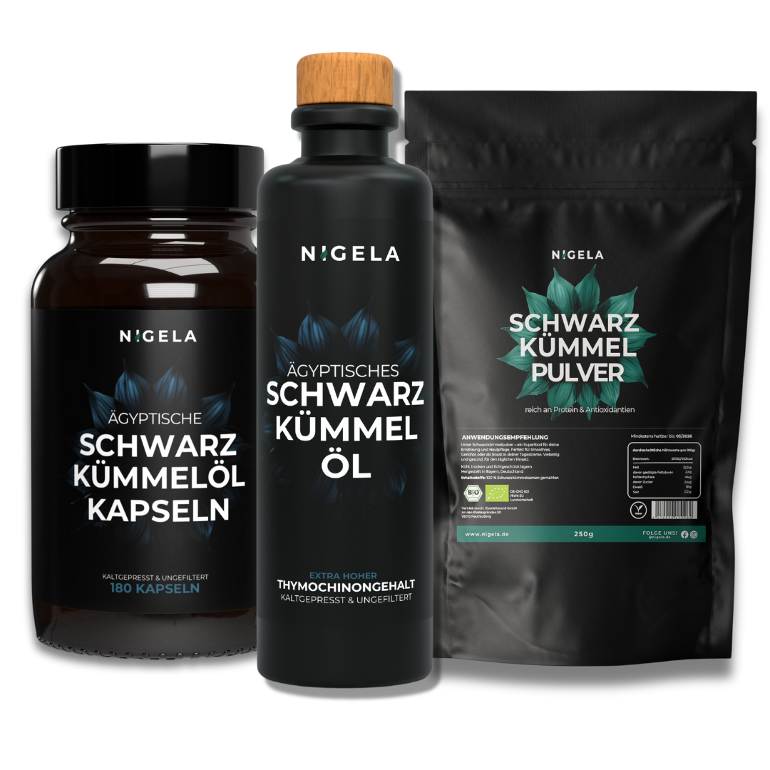 Das Power-Trio: Schwarzkümmelöl + Schwarzkümmelöl Kapseln + Schwarzkümmelpulver