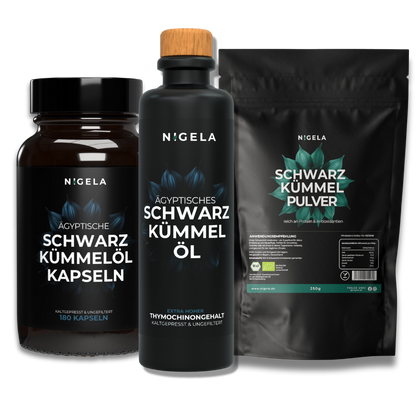 Das Power-Trio: Schwarzkümmelöl + Schwarzkümmelöl Kapseln + Schwarzkümmelpulver