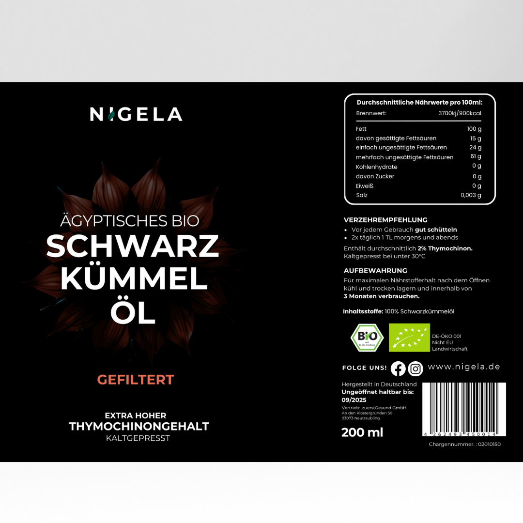 Ägyptisches Bio Schwarzkümmelöl GEFILTERT - kaltgepresst in Rohkostqualität - 200ml