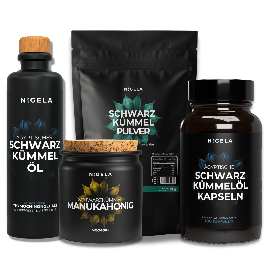 Gesundheits-Bundle: Schwarzkümmelöl-, Kapseln, Manuka Honig &amp; Pulver