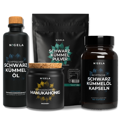 Gesundheits-Bundle: Schwarzkümmelöl-, Kapseln, Manuka Honig &amp; Pulver