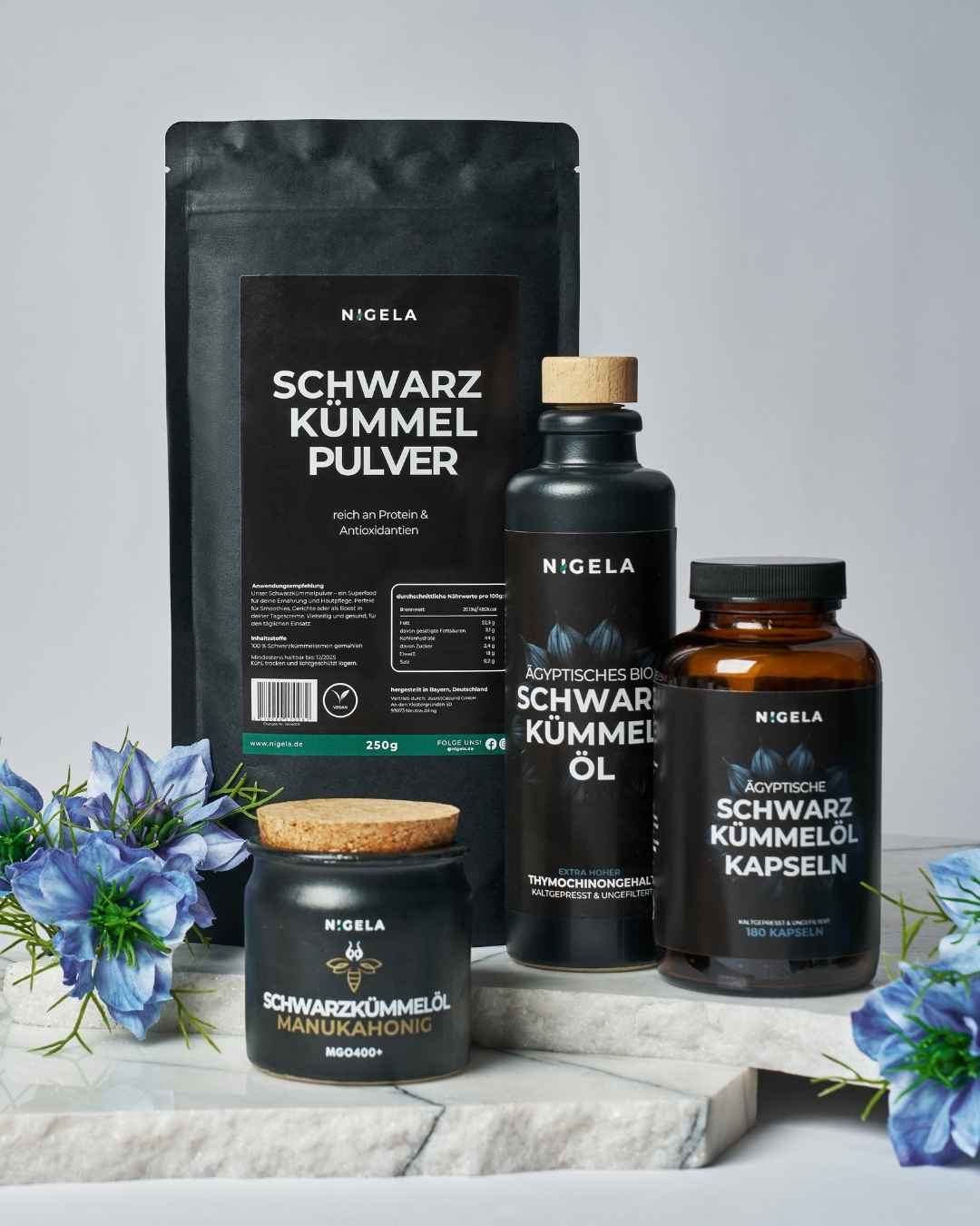 Gesundheits-Bundle: Schwarzkümmelöl-, Kapseln, Manuka Honig &amp; Pulver