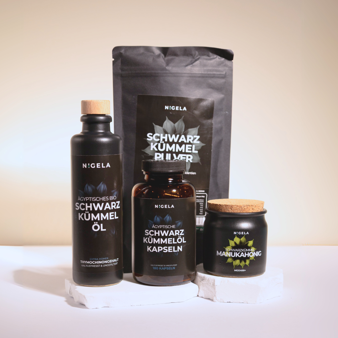 Gesundheits-Bundle: Schwarzkümmelöl-, Kapseln, Manuka Honig &amp; Pulver