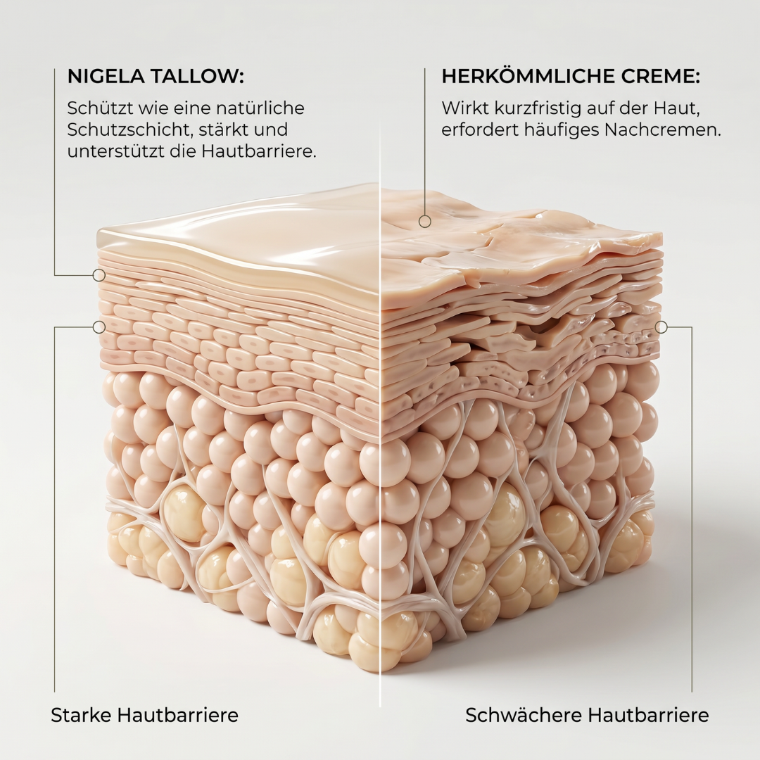 3D-Grafik zum Vergleich zwischen starker Hautbarriere mit Nigela Tallow und herkömmlicher Creme.
