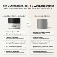 Vergleichsgrafik zwischen Nigela Schwarzkümmel Tallow und herkömmlichen Cremes mit Vorteilen und Nachteilen.