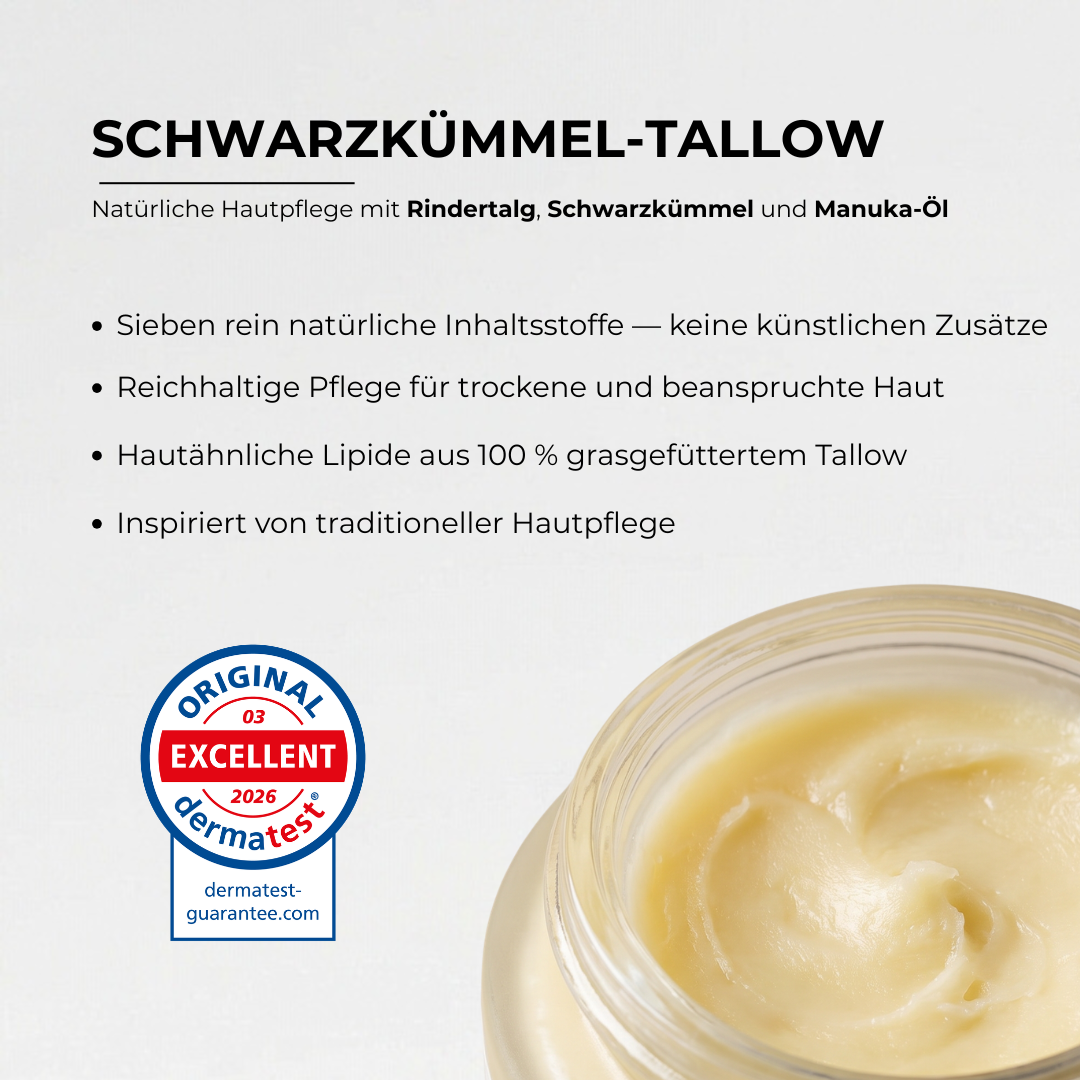 Informationsgrafik zum Nigela Schwarzkümmel Tallow mit Vorteilen, geöffnetem Tiegel und Dermatest-Siegel.