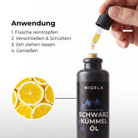 NIGELA Flavor Drops werden ins Schwarzkümmelöl getropft – aus intensiv wird angenehm frisch, natürliches Bio-Aroma ohne Zucker und Süßstoff