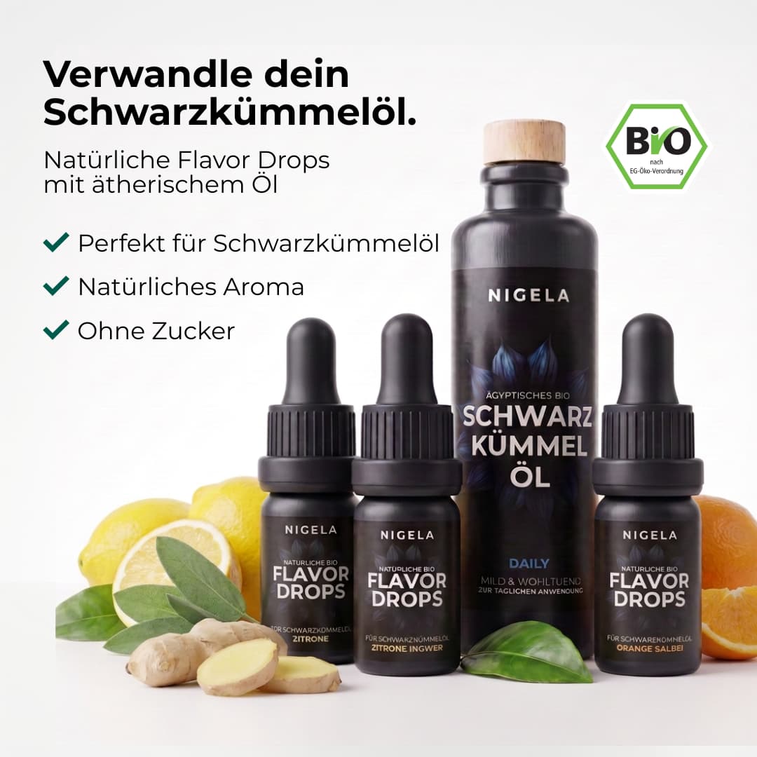 NIGELA Bio Flavor Drops in drei Geschmacksrichtungen – mit natürlichem ätherischem Öl, ohne Zucker, ohne Süßstoffe, hochkonzentriert für Schwarzkümmelöl