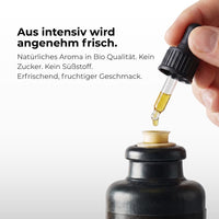 Anwendung der NIGELA Flavor Drops – Tropfen ins Schwarzkümmelöl geben, verschließen, schütteln, 24 Stunden ziehen lassen und genießen