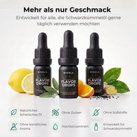 Verwandle dein Schwarzkümmelöl – NIGELA Bio Flavor Drops in Zitrone, Zitrone Ingwer und Orange Salbei neben der Schwarzkümmelöl-Flasche, in Bio-Qualität und ohne Zucker