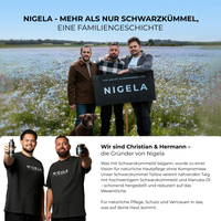 Die Gründer von Nigela auf einem Schwarzkümmelfeld mit Produktbildern und Markenbeschreibung.
