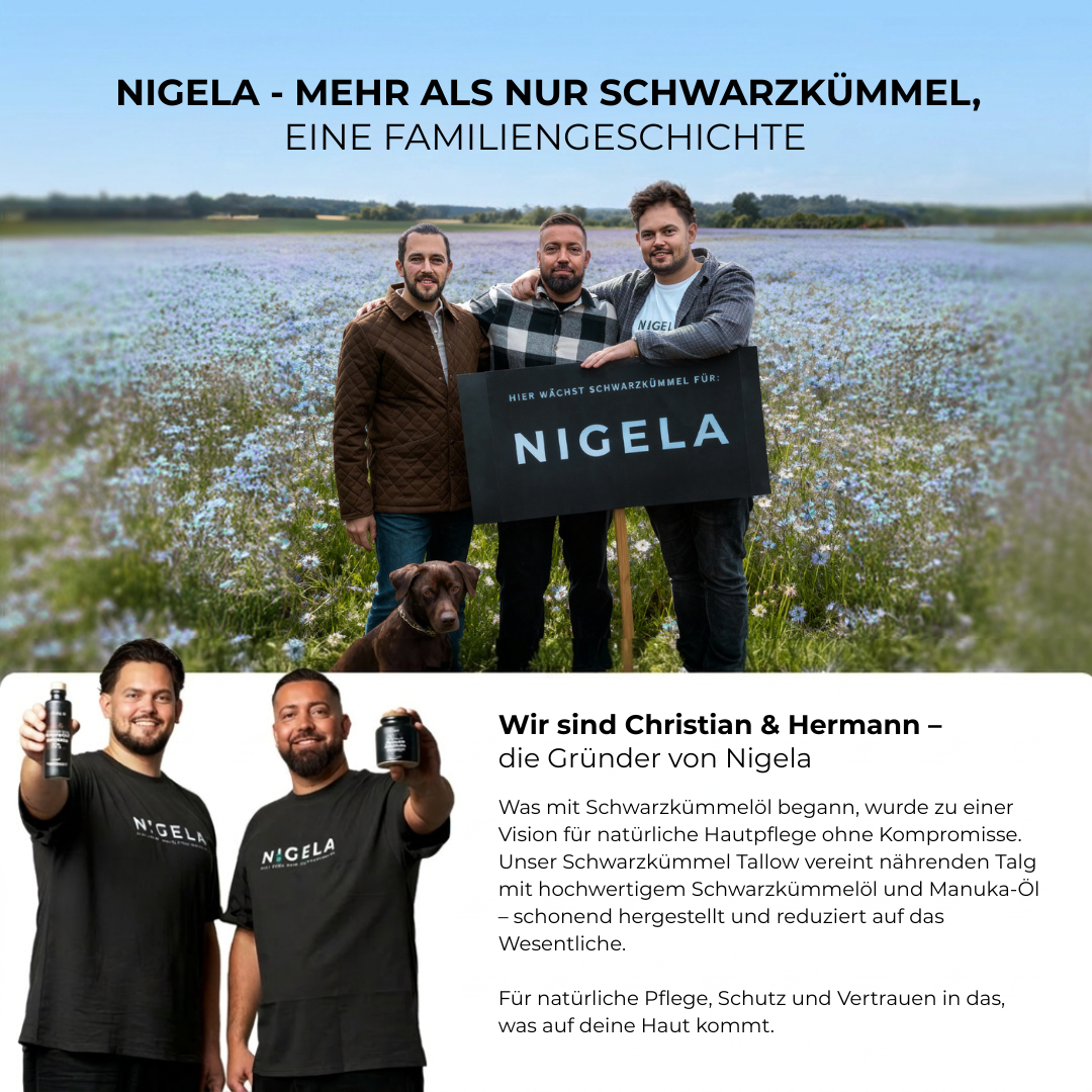 Die Gründer von Nigela auf einem Schwarzkümmelfeld mit Produktbildern und Markenbeschreibung.