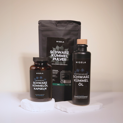 Das Power-Trio: Schwarzkümmelöl + Schwarzkümmelöl Kapseln + Schwarzkümmelpulver