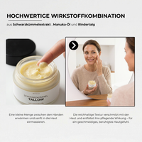 Frau trägt Nigela Schwarzkümmel Tallow auf die Wange auf und hält den geöffneten Tiegel in der Hand.