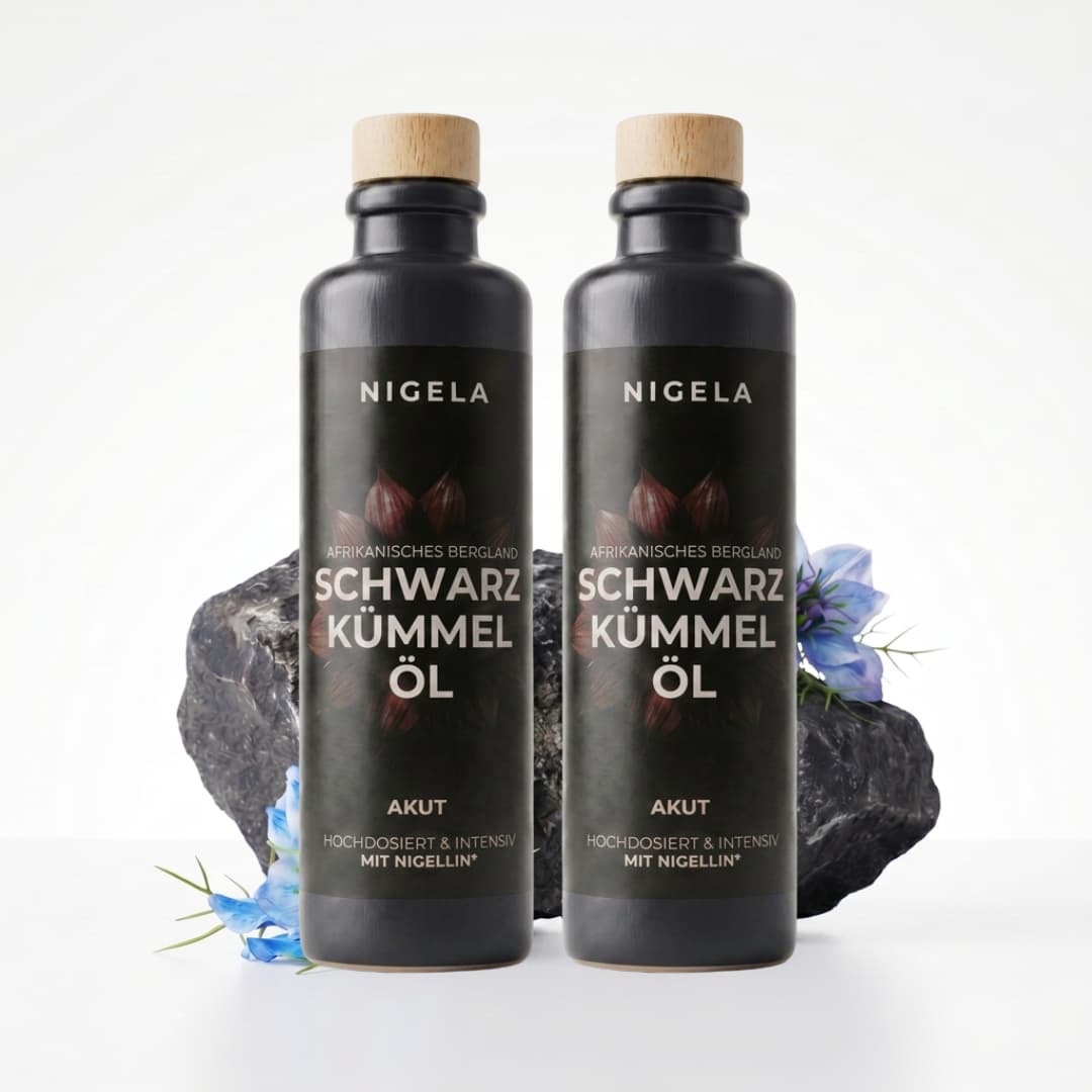 Nigela Schwarzkümmelöl Akut 200 ml – 2 Flaschen aus afrikanischem Bergland, hochdosiert, vor Basaltstein mit Nigella-Blüten

#Menge_2 Flaschen