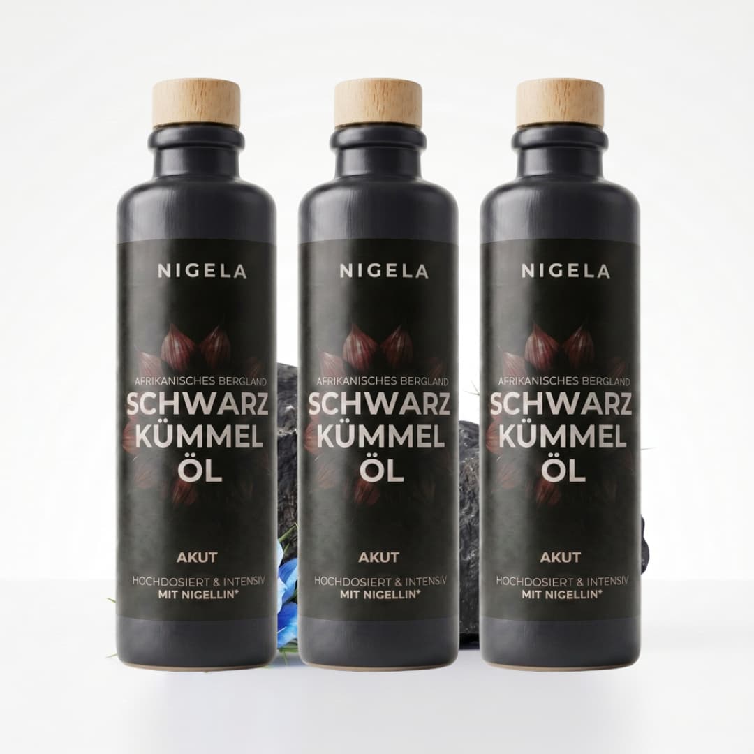 Nigela Schwarzkümmelöl Akut 200 ml im 3er-Set – hochdosiertes Öl aus afrikanischem Bergland in dunklen Glasflaschen mit Holzverschluss

#Menge_3 Flaschen