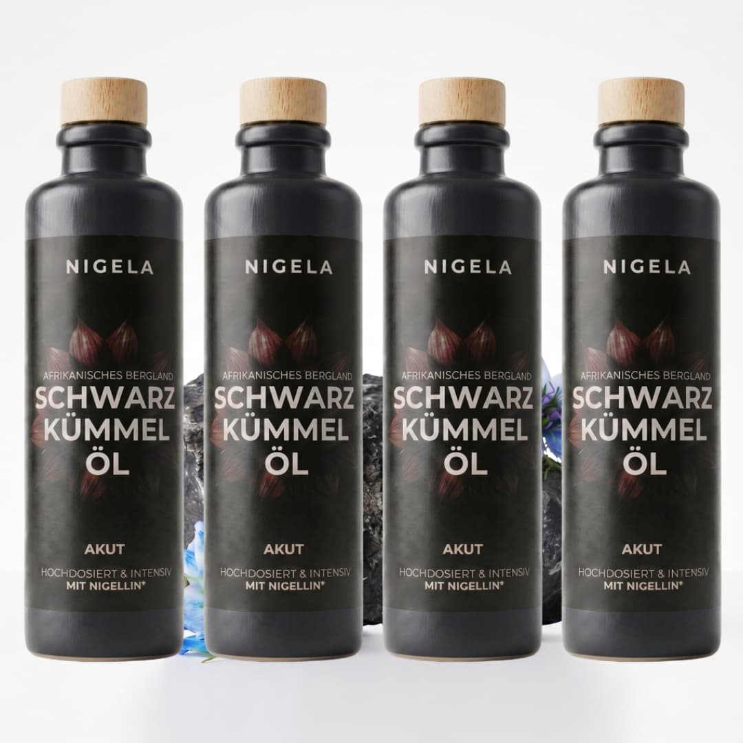 Nigela Schwarzkümmelöl Akut 200 ml im 4er-Set – intensives Schwarzkümmelöl aus eigener Manufaktur, frisch gepresst

#Menge_4 Flaschen