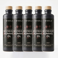 Nigela Schwarzkümmelöl Akut 200 ml im 5er-Set – fünf dunkle Flaschen mit Holzdeckel, afrikanisches Bergland, hochdosiert

#Menge_5 Flaschen