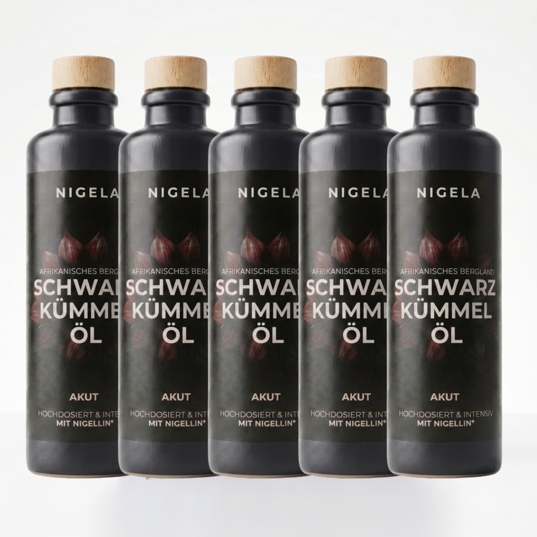 Nigela Schwarzkümmelöl Akut 200 ml im 5er-Set – fünf dunkle Flaschen mit Holzdeckel, afrikanisches Bergland, hochdosiert

#Menge_5 Flaschen