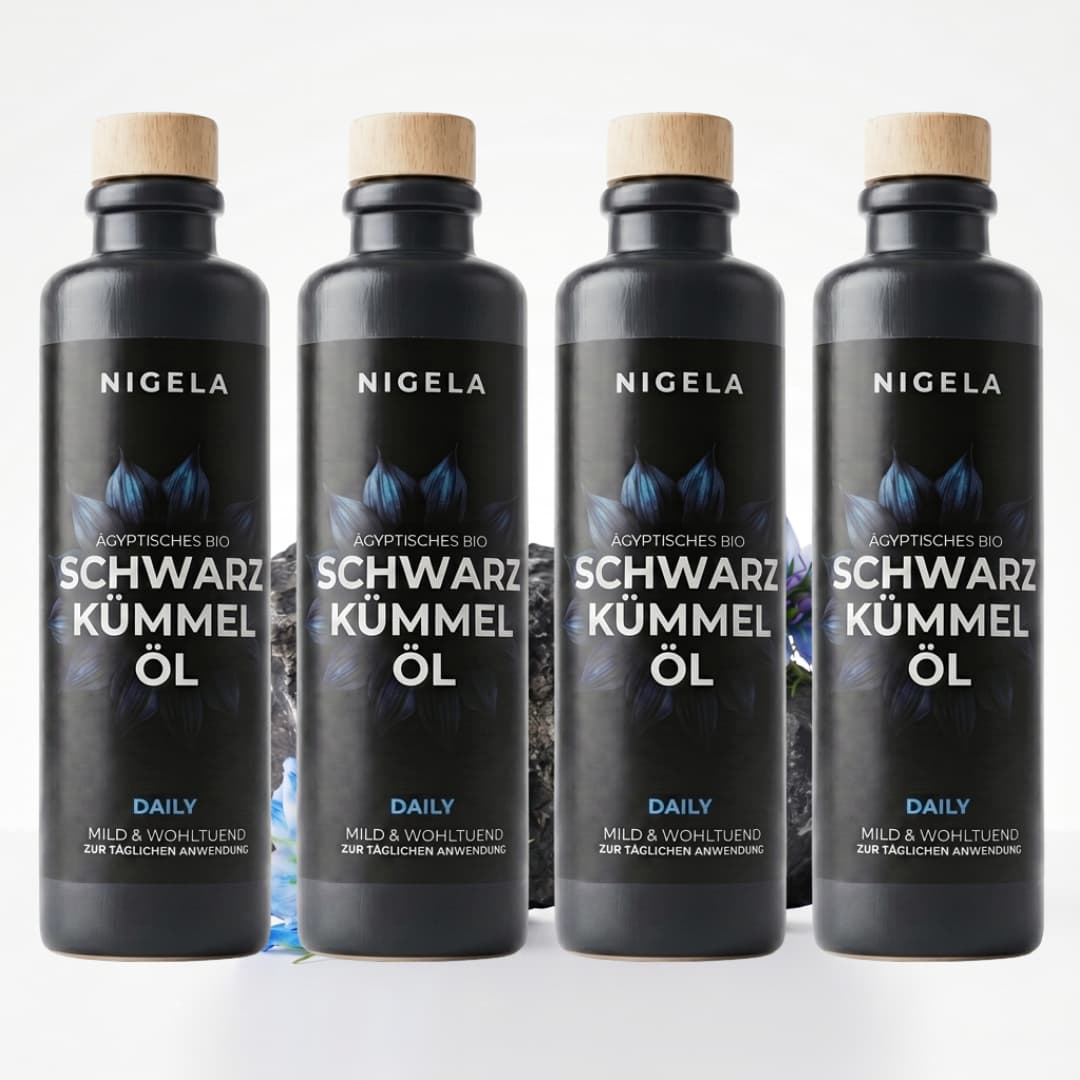 Nigela Schwarzkümmelöl Daily 200 ml im 4er-Set – vier dunkle Glasflaschen mit Holzverschluss, ägyptische Bio-Qualität

#Menge_4 Flaschen