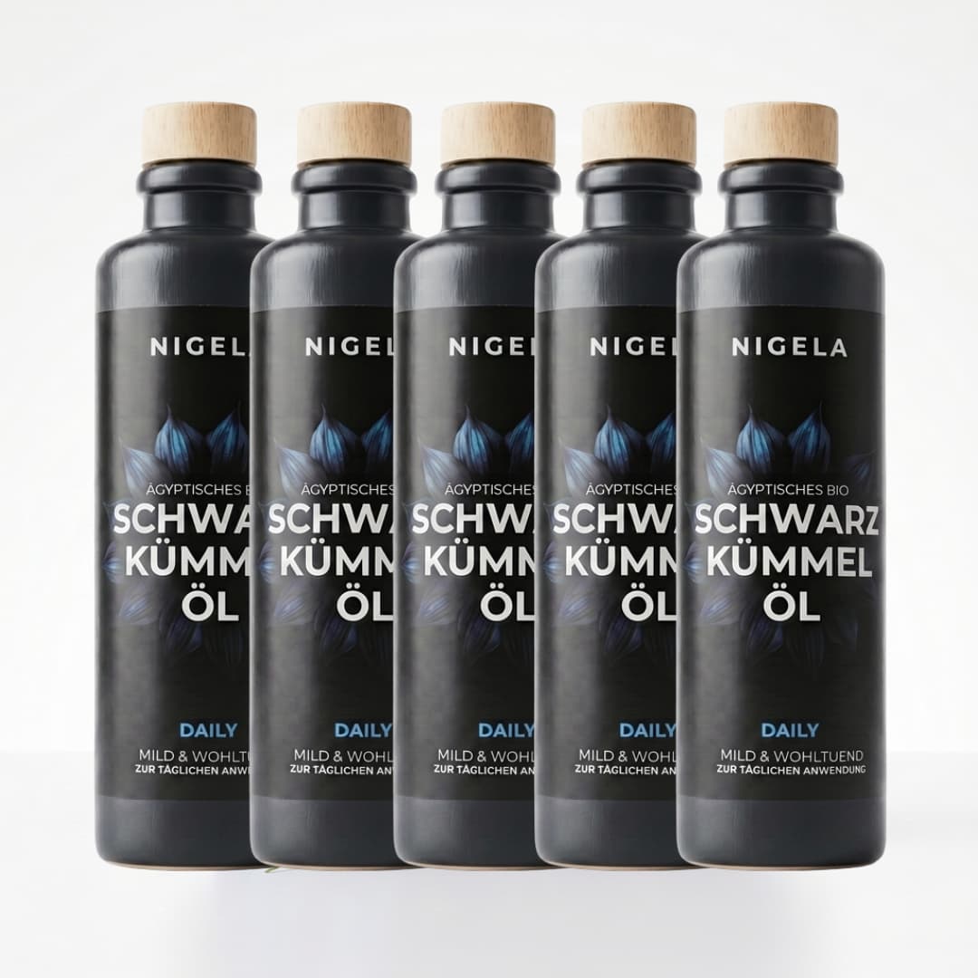 Nigela Schwarzkümmelöl Daily 200 ml im 5er-Set – mildes Bio-Schwarzkümmelöl, frisch gepresst in der Manufaktur in Bayern

#Menge_5 Flaschen