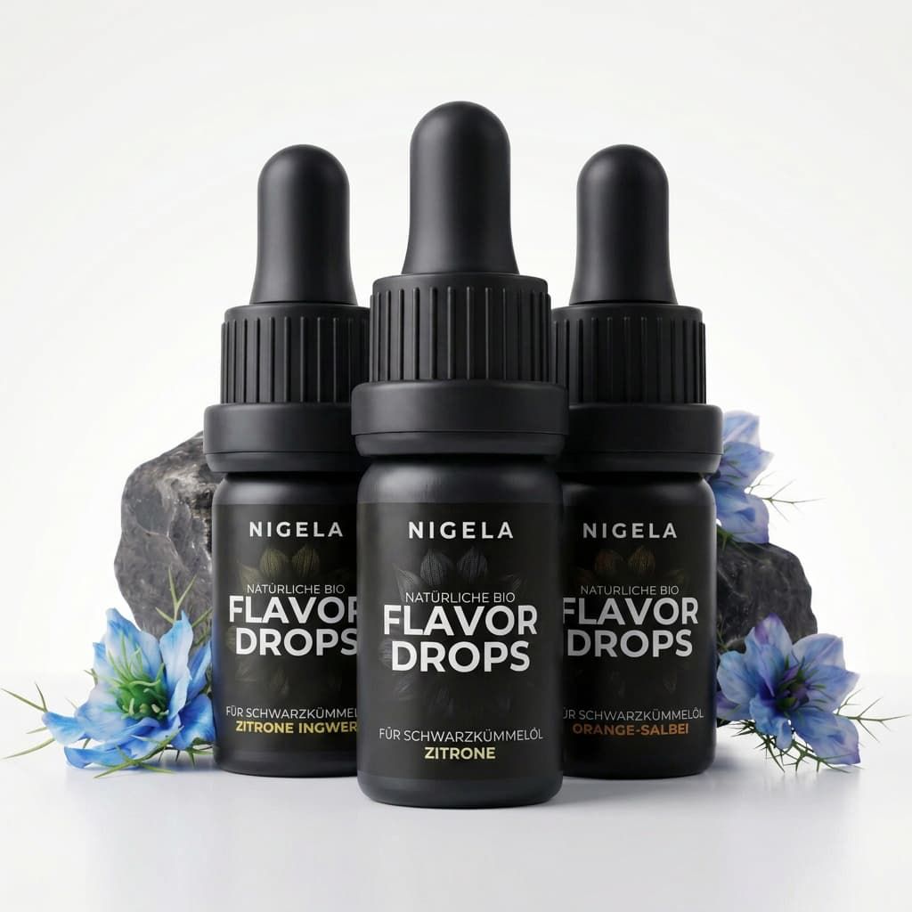 Nigela Bio Flavor Drops 3er Probierset — Zitrone, Zitrone-Ingwer & Orange-Salbei, natürliche Bio-Aromaöle für Schwarzkümmelöl