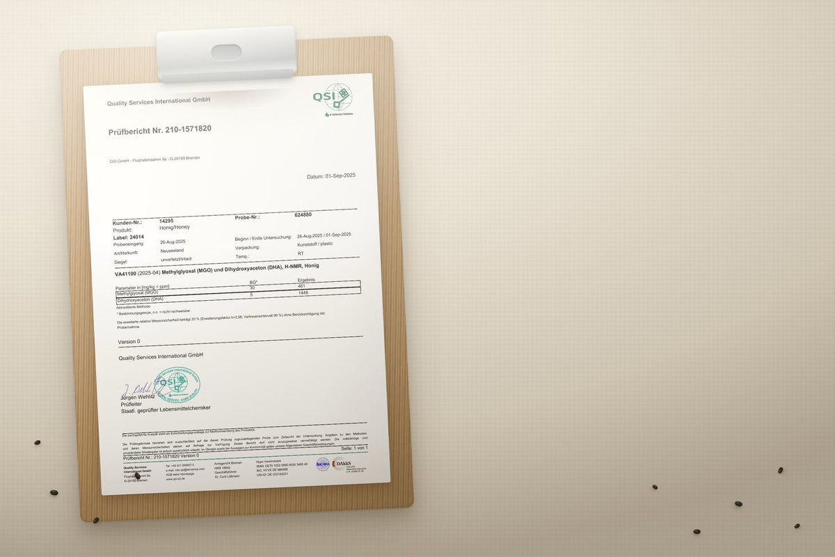 QSI-Laborbericht zum Manukahonig auf einem Klemmbrett, gemessener MGO-Wert 461 mg/kg