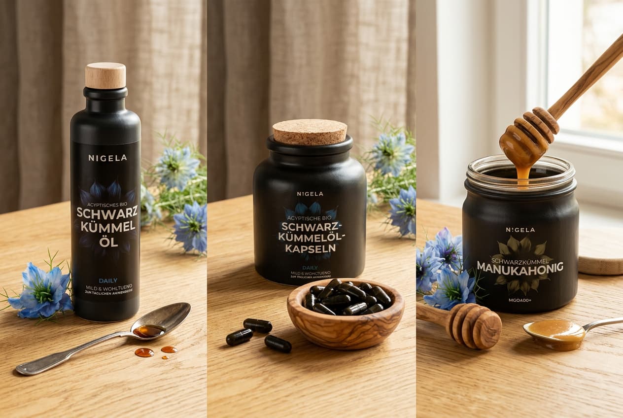 Schwarzkümmelöl als pures Öl, Kapseln und mit Honig im Vergleich